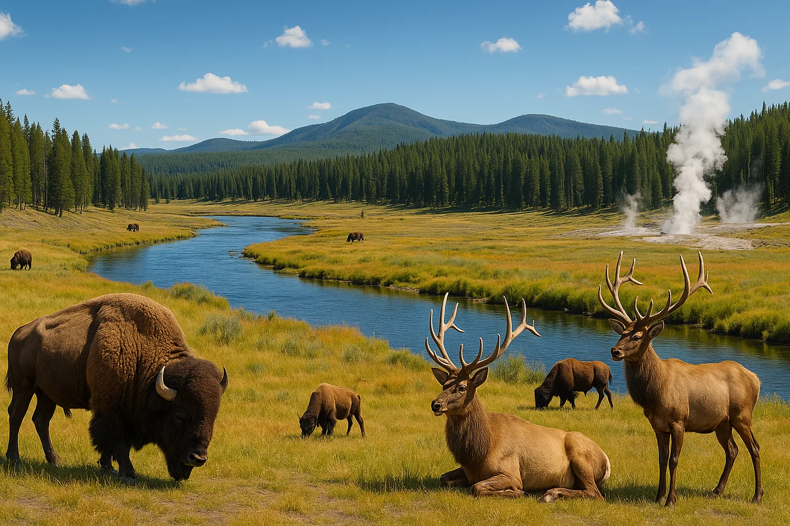 Yellowstone National Park teeming with wildlife including bison and elk.