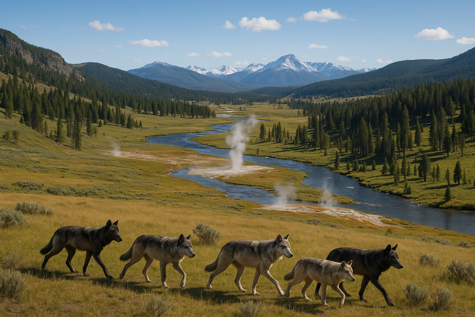 Wolf pack in Yellowstone National Park with diverse landscape.